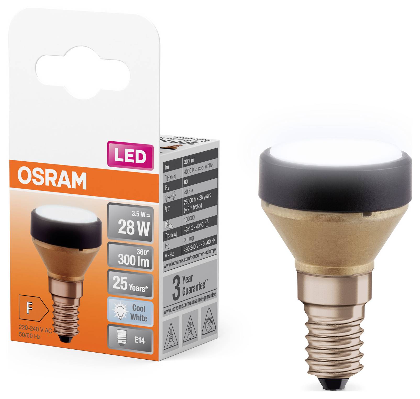 LED-pære fra OSRAM med emballage. Effekt: 3,5 W, lysudbytte: 300 lm, farvetemperatur: Cool White, E14-sokkel, 25 års levetid.
