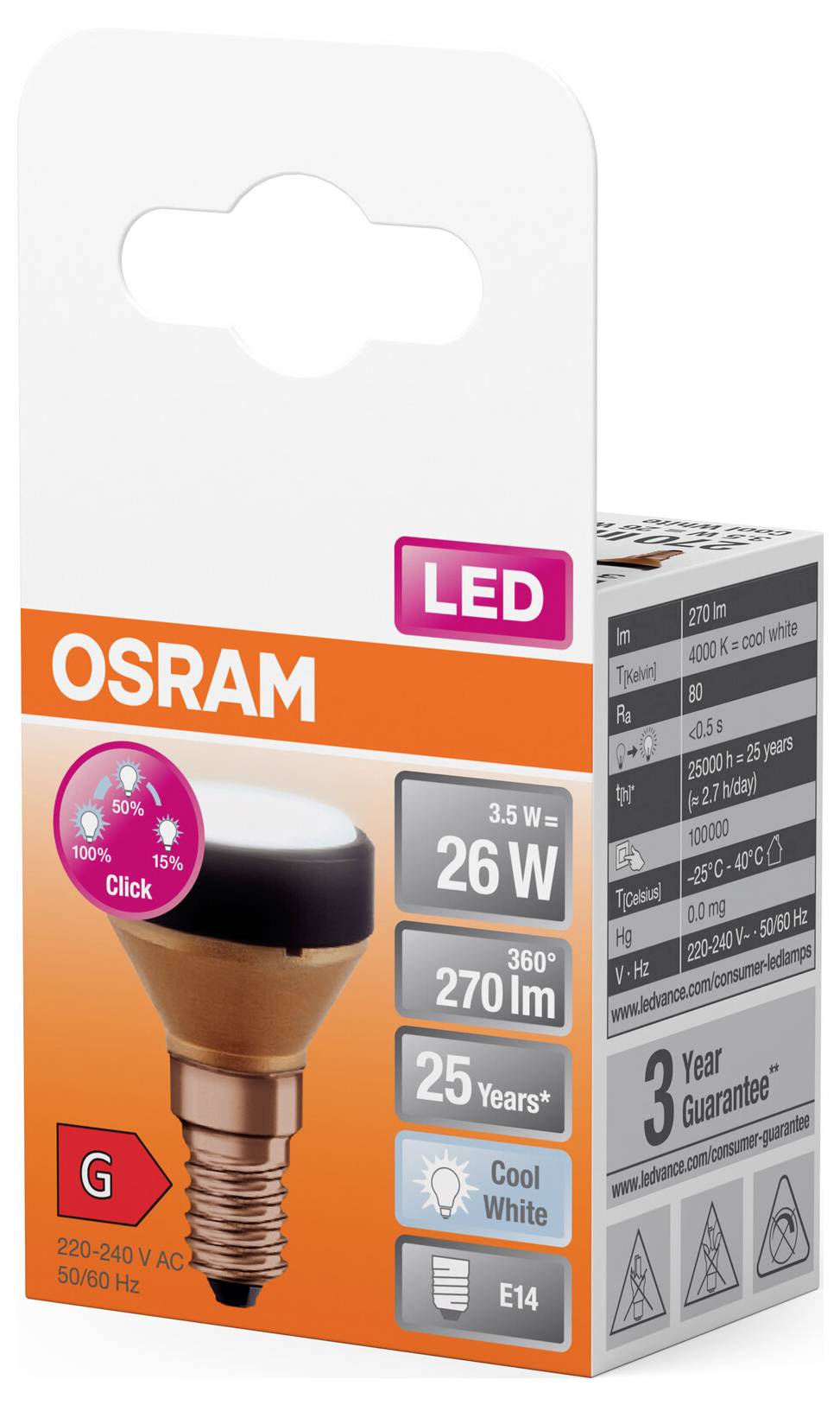 LED-pære fra OSRAM, 26W, 270 lm, E14-sokkel, 360° lysfordeling, koldwhite, energiklasse G, 25 års levetid, 3 års garanti.