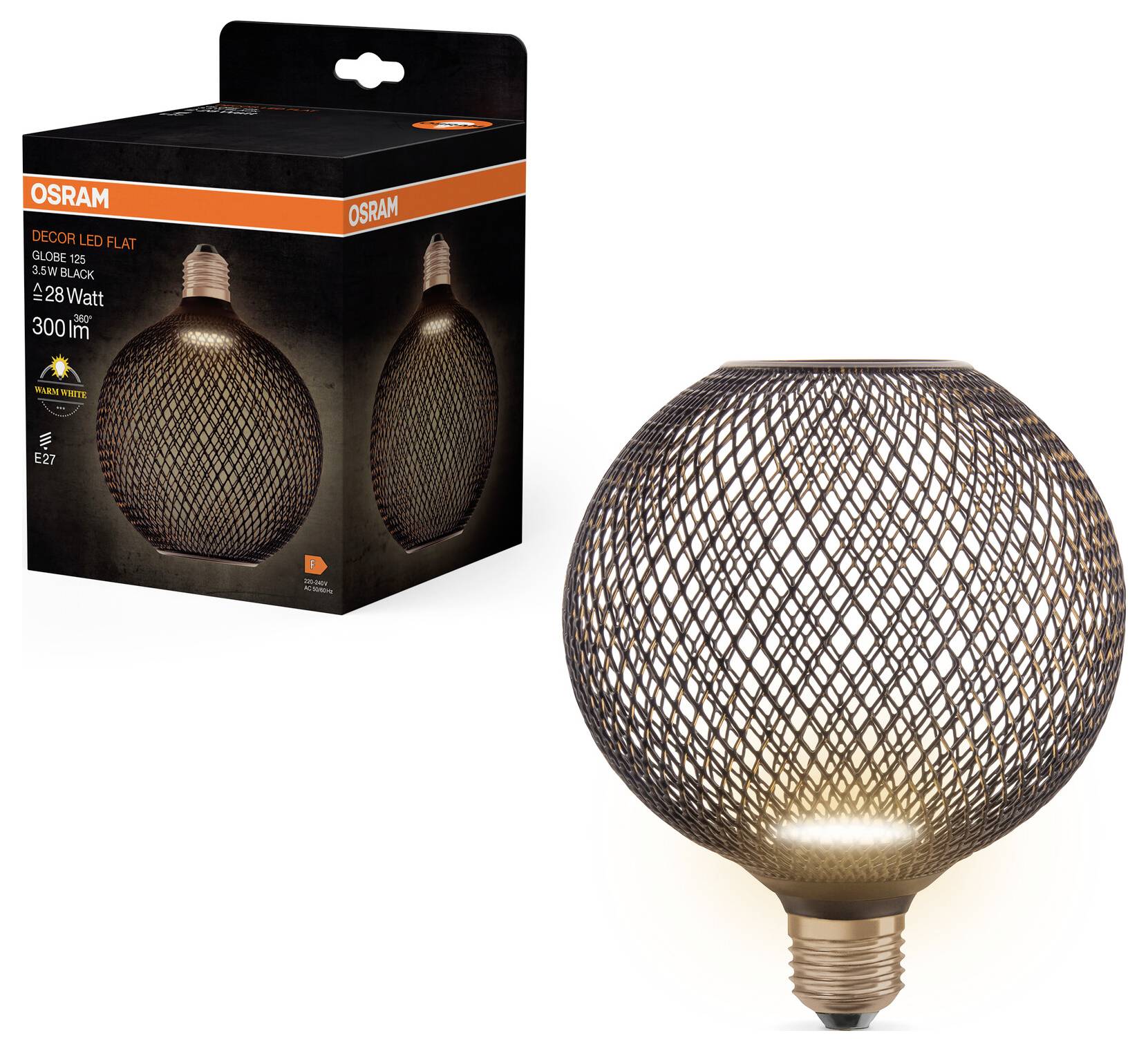 En dekorativ LED-pære fra Osram i kugleform med sort netdesign. Emballagen viser den samme pære med 2,8 watt og 300 lumen.