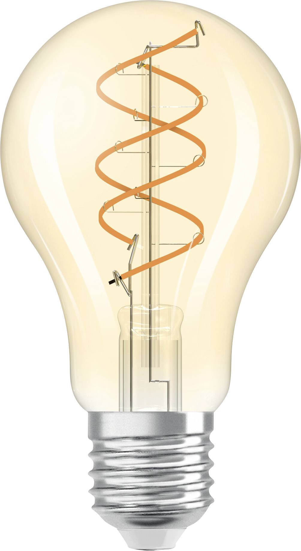 Glødepære med synlig spiral-glødetrådsspiral, der udsender varmt lys. Standard E27-fatning, egnet til generel belysning.