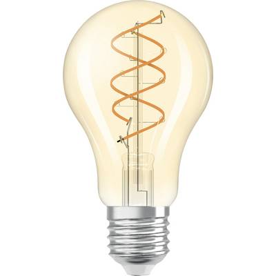 Glødepære med synlig spiral-glødetrådsspiral, der udsender varmt lys. Standard E27-fatning, egnet til generel belysning.