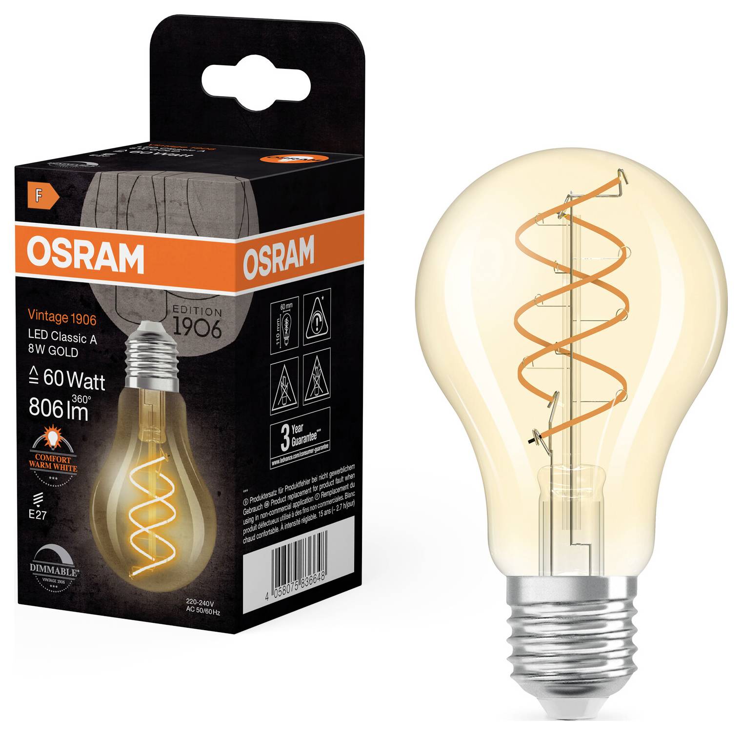 En LED-pære 'Osram Vintage 1906' ved siden af sin emballage. Pæren har 6W, 806 lumen, E27-sokkel, dæmpbar.