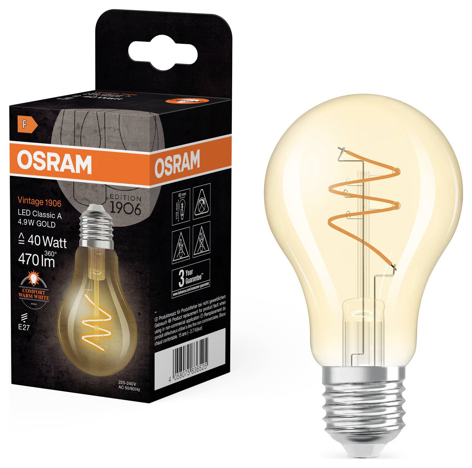 En vintage LED-pære fra Osram, 4,9W, 470 lumen, svarende til 40 watts glødepære, E27-sokkel. Emballagen viser design og tekniske detaljer.