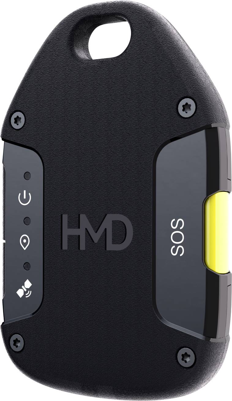 En sort SOS-sender med en gul knap og påskriften 'SOS', på siden flere symboler og logoet 'HMD'.