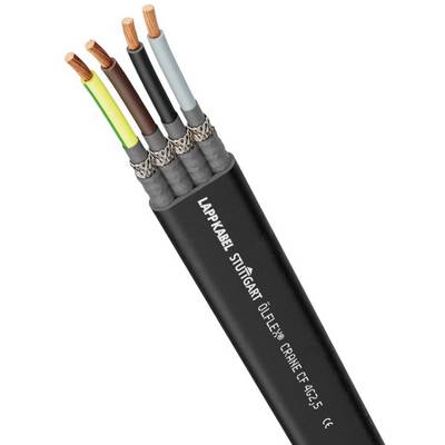 Sort kabel med fem synlige, forskellige farvede ledere: grøn-gul, brun, sort, blå, grå. Påtrykt 'LAPP KABEL STUTTGART ÖLFLEX® CRANE 4G2,5'.