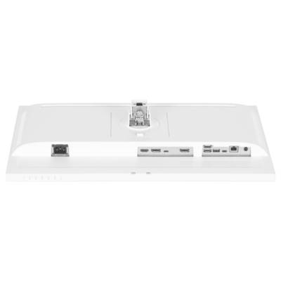 En monitors bagside viser tilslutninger: Strøm, HDMI, DisplayPort, USB og Ethernet.