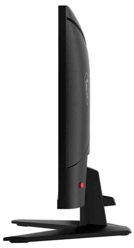 Sidevisning af en tynd, sort computerskærm på en fod, der viser dens slanke profil og minimalistiske design.