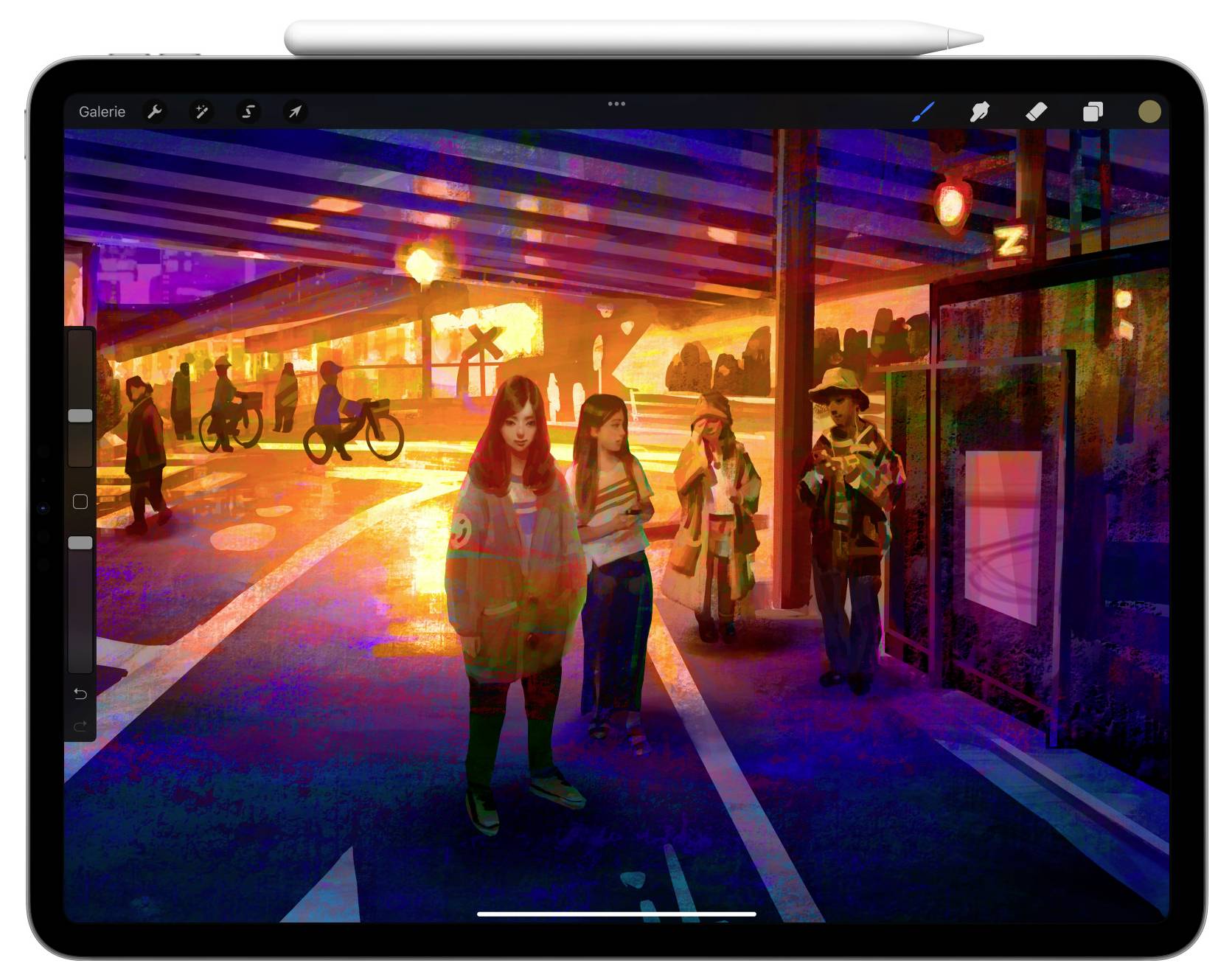 Et digitalt tegnet billede viser mennesker under en urban bro ved solnedgang. Lysforholdene skaber dramatiske skygger og farverige refleksioner.