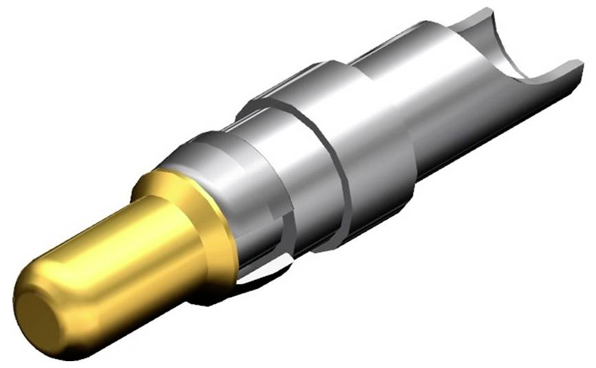 Metallisk stikforbinder med guldspids, robust cylindrisk design, bruges til præcise elektriske forbindelser.