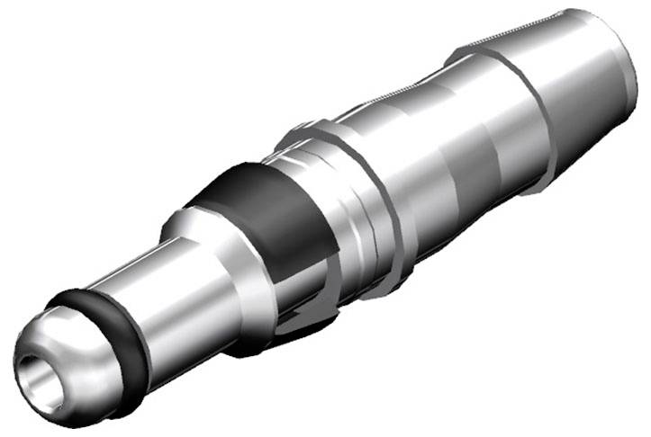 Et sølvfarvet, metallisk komponent i cylinderform med sorte ringe, muligvis et teknisk forbindelsesstykke.