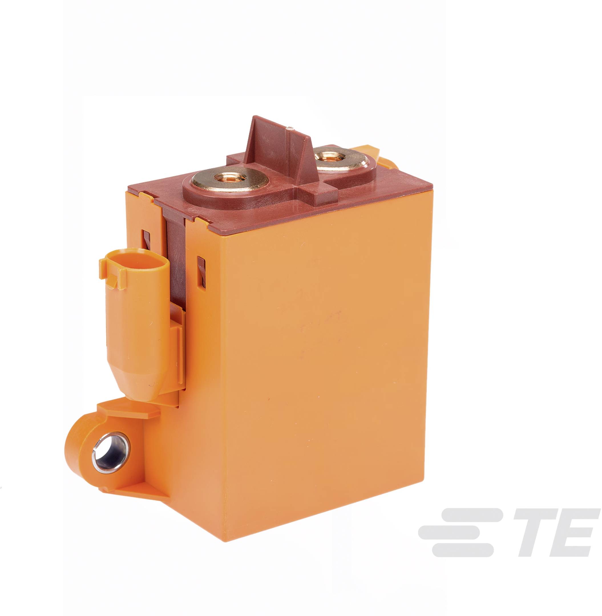 Oranges, rektangulær elektrisk komponent med to tilslutninger øverst. 'TE' logo i nedre højre hjørne.