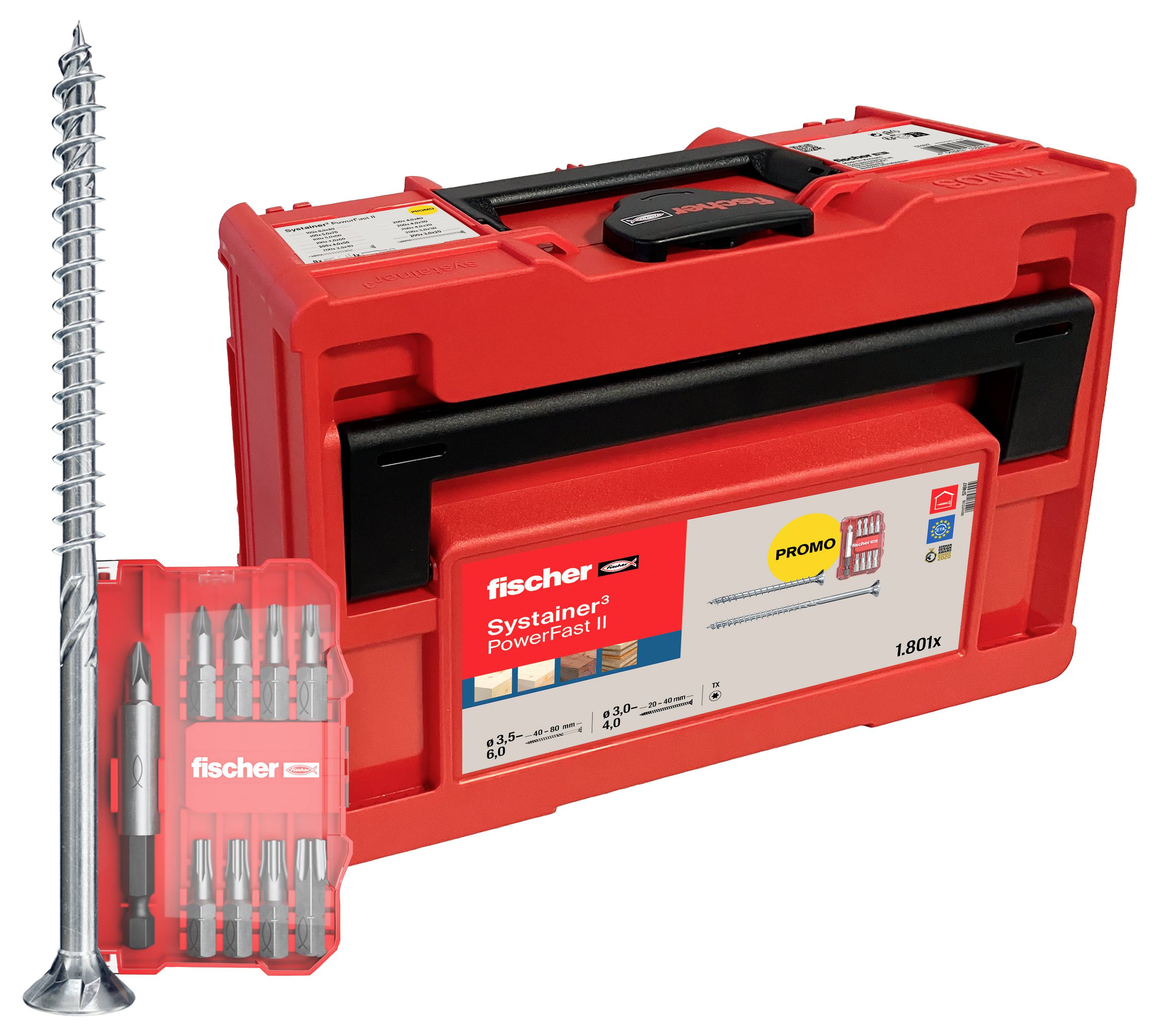 Rød Fischer toolbox mærket 'Systainer PowerFast II', indeholder et sæt bor og en lang metalskrue vist ved siden af boksen.