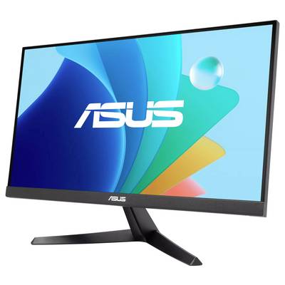 En ASUS-skærm med farverig baggrund og hvidt ASUS-logo på skærmen. Skærmen har et sort kabinet og en smal fod.