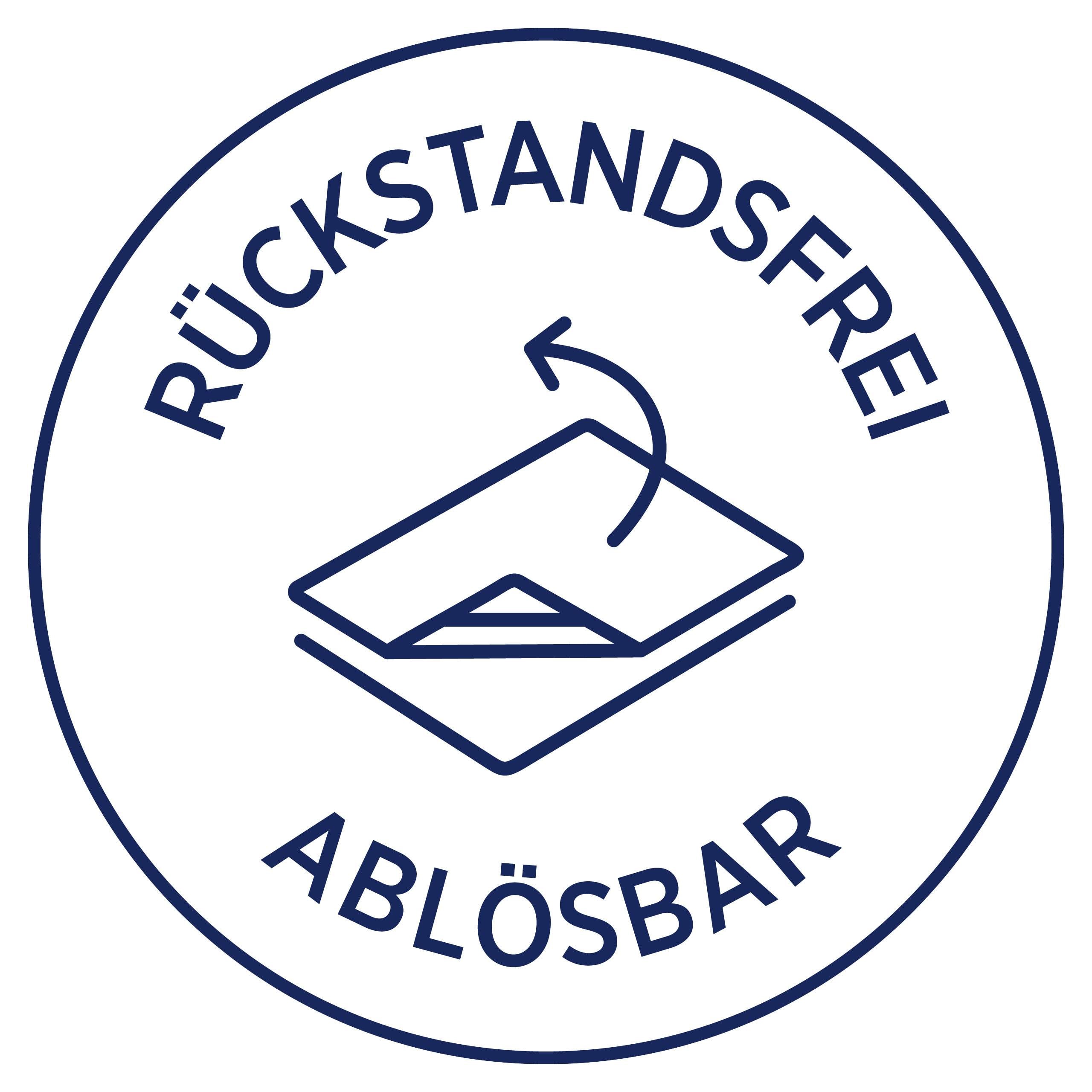 En cirkel med et symbol i midten viser et aftagelig etiket. Rundt om står der 'RENGØRINGSVENLIG AFTAGELIG'.