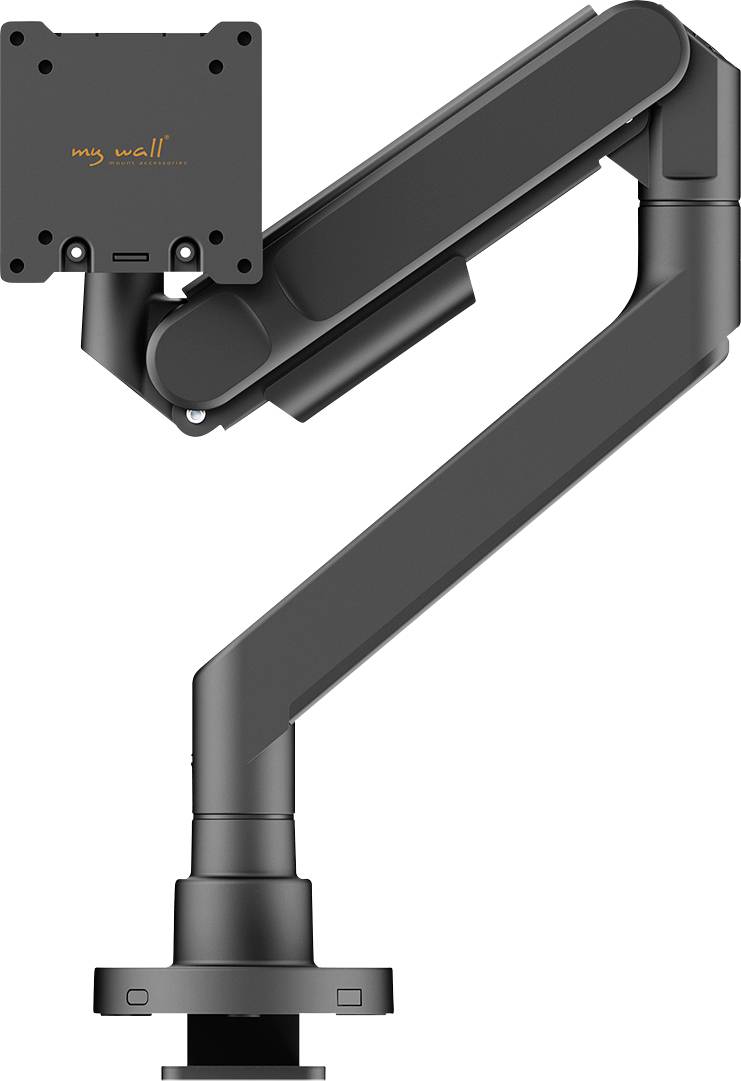 Sort monitorarm med led, til fastgørelse af en skærm på et bord, muliggør fleksibel positionering.