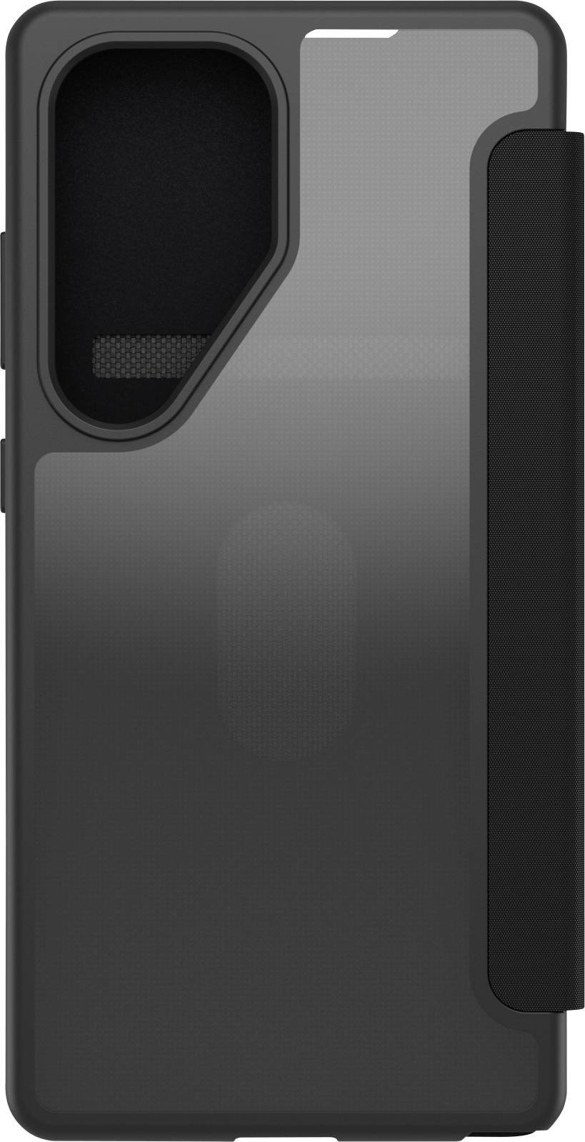 Et sort smartphone-cover med integreret kameracover-skyder; beskytter kameraet mod støv og ridser.