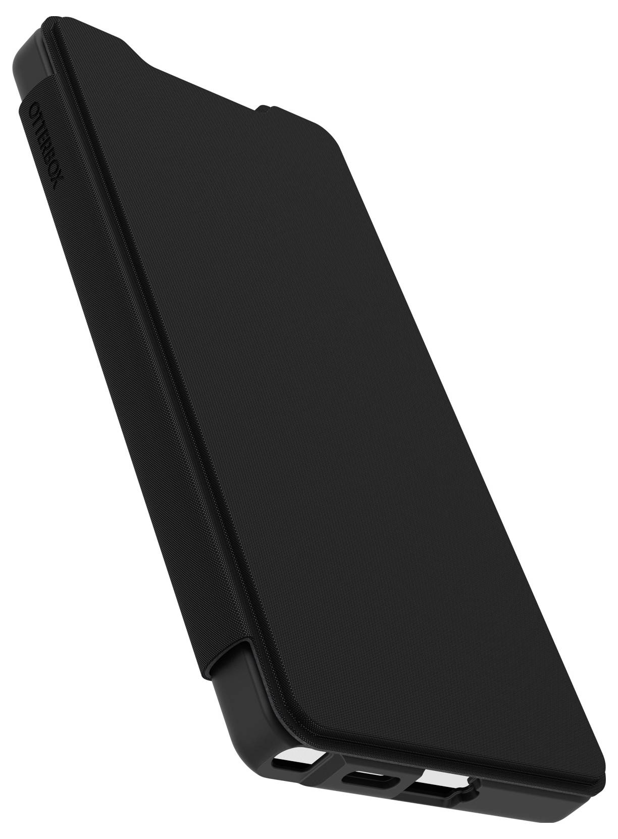 Sort smartphone-etui fra OtterBox, som giver fuld dækning og beskyttelse, med drejelig funktion og udskæring til stik.