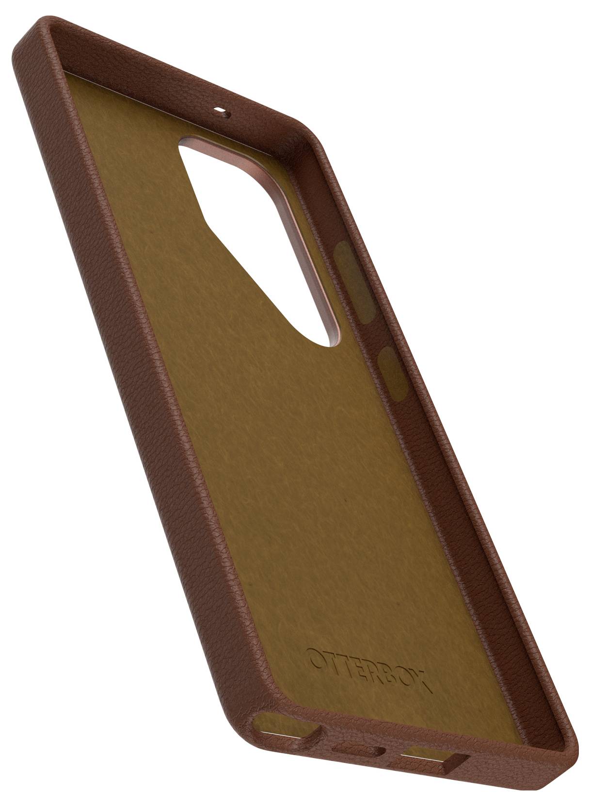 Brun mobiltaske med mønster fra Otterbox, viser bagsiden og kanterne, som giver beskyttelse og stilfuldt design.