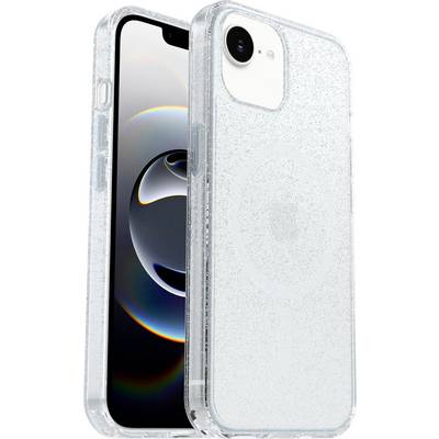 Klar glittertelefon cover vist på en iPhone, forsiden og bagsiden, som fremhæver det beskyttende gennemsigtige design.