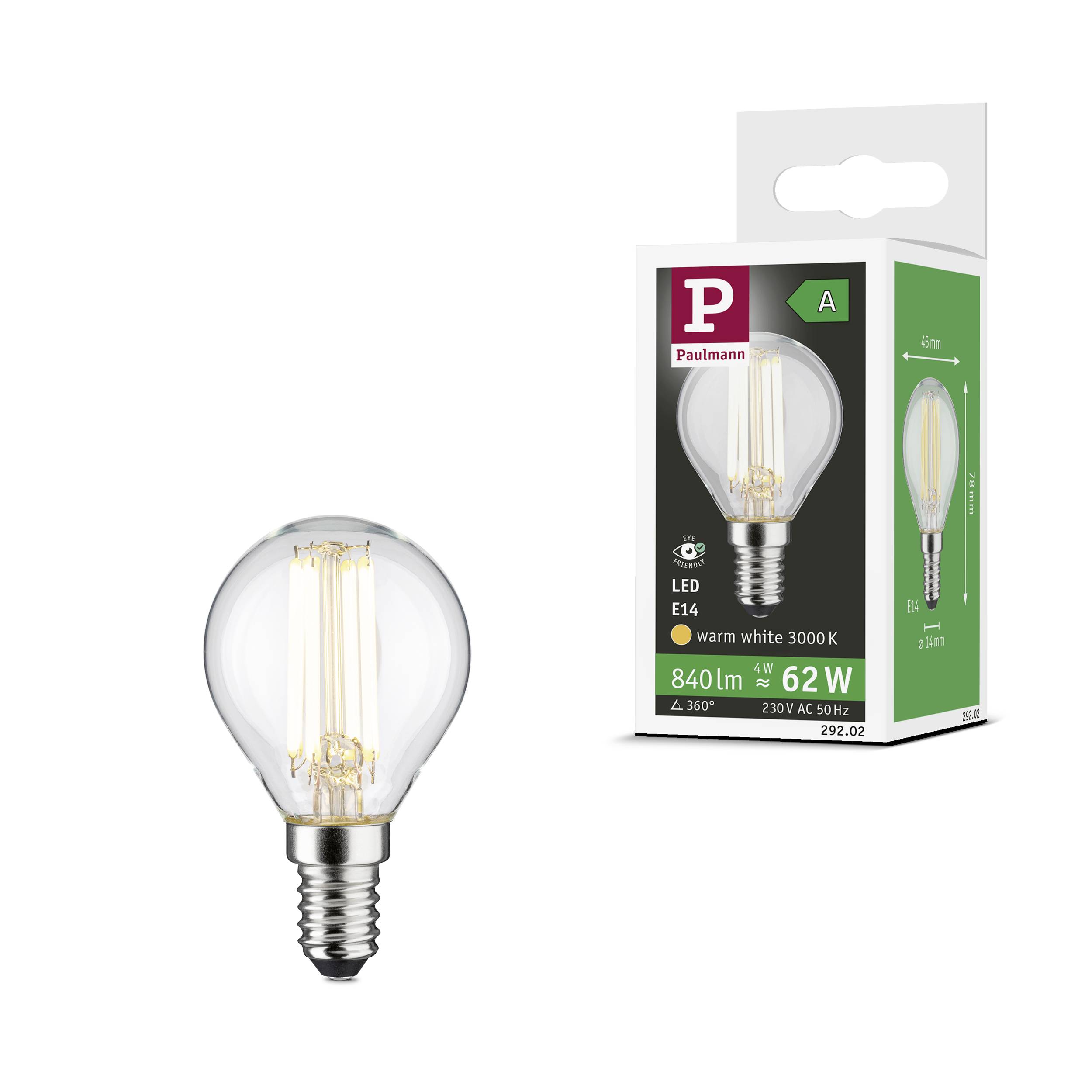 LED-pære med E14-sokkel, varmhvid 3000K, 840 lumen, 62W, vist ved siden af emballage med varemærkelogo og produktdetaljer.