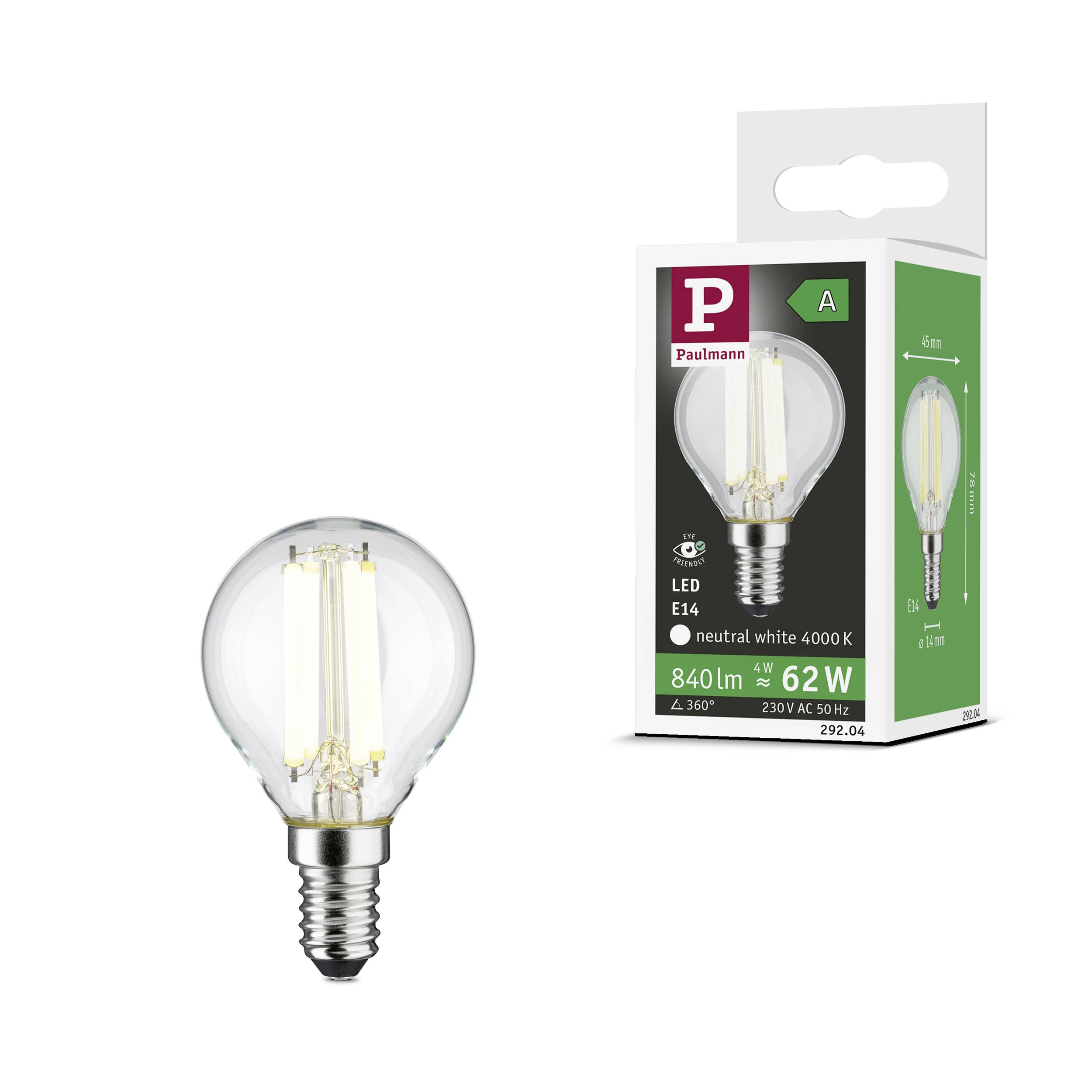LED-pære E14 med 840 lumen, 4000K, 62W i en grøn emballage med varemærkelogo, energiklasse A.