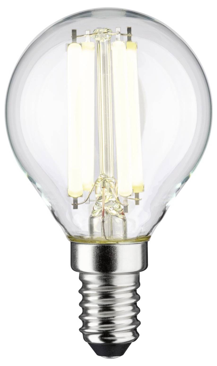 En enkelt LED-pære med klart glas og synligt filament, egnet til brug i traditionelle armaturer.