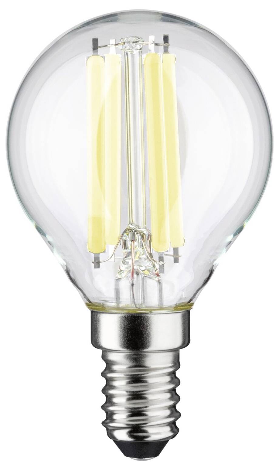 En glødepære med klar kappe og LED-filamenter, egnet til E14-fatninger, viser en moderne belysningsmulighed.