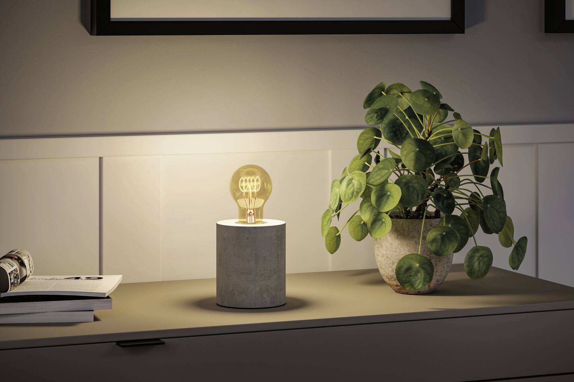 Et bord med en moderne LED-lampe, der hviler på en cylinderformet sokkel, ved siden af en stueplante med runde blade.