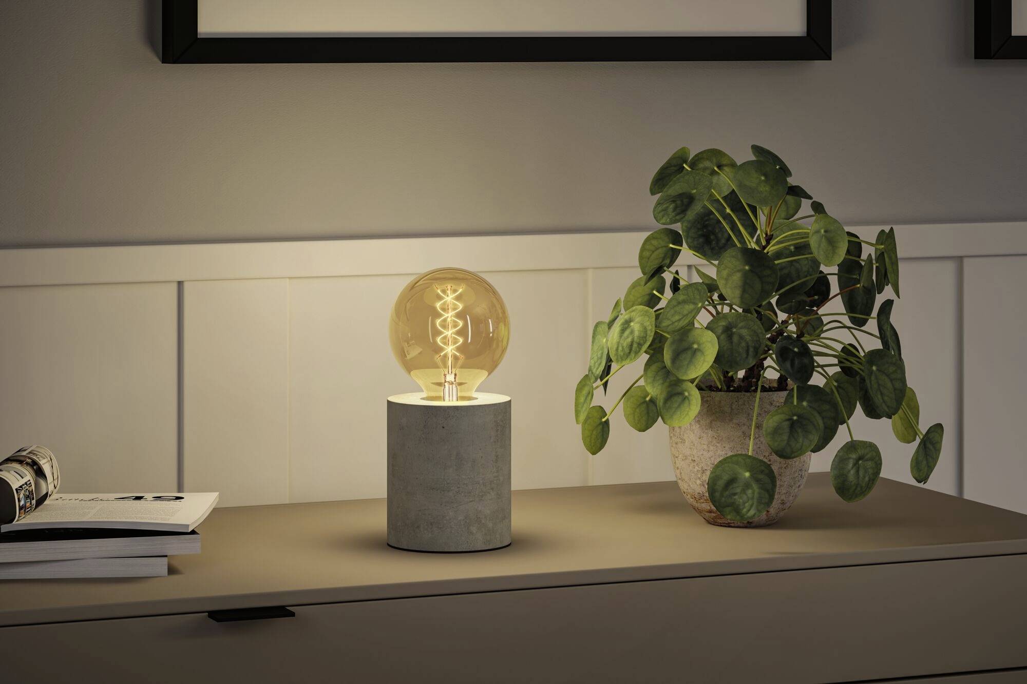 Et bord med en moderne lampe og en potteplante ved siden af, i et behersket oplyst rum.