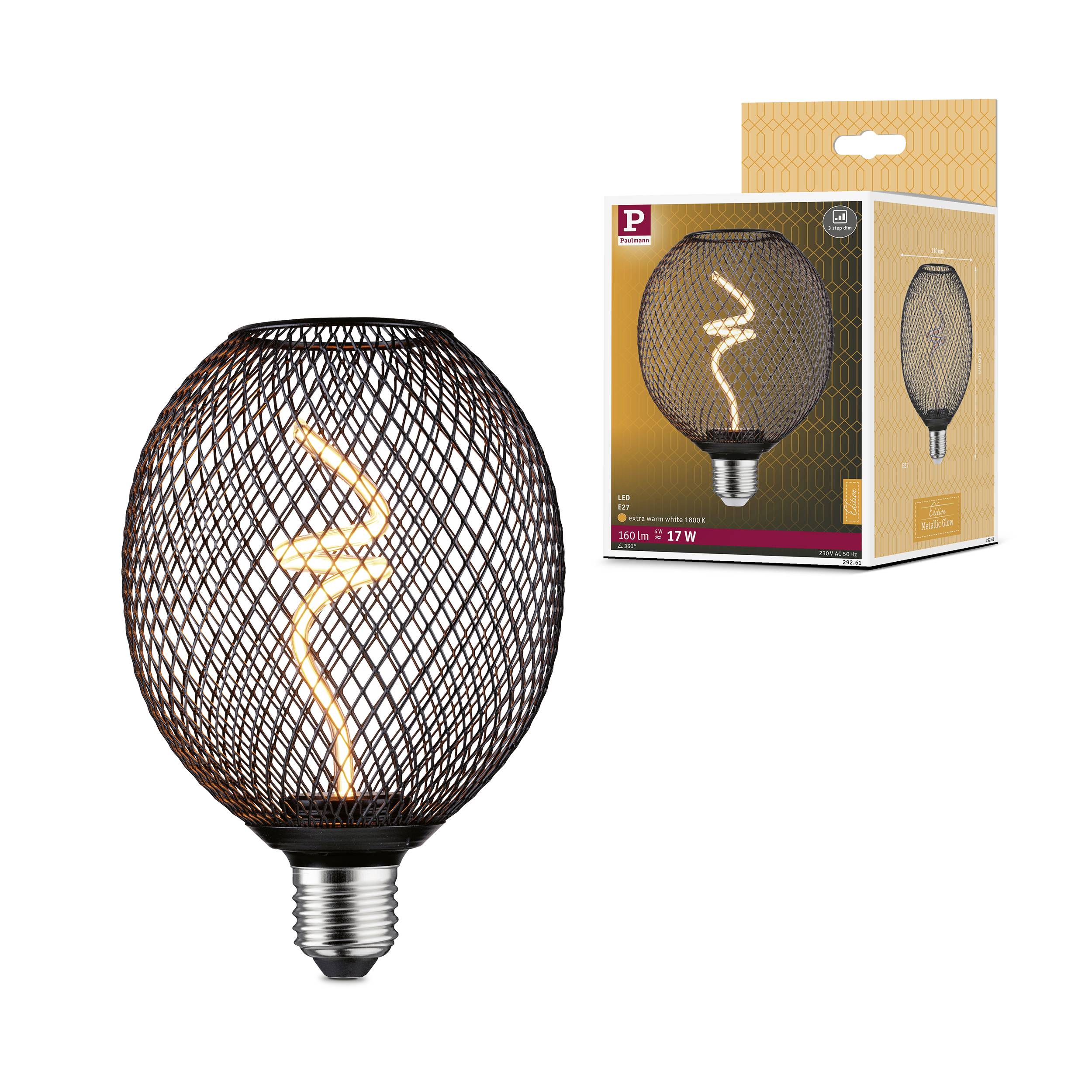 En dekorativ LED-lampe med en spiralformet glødetråd, ved siden af emballagen med produktbillede og tekniske specifikationer.