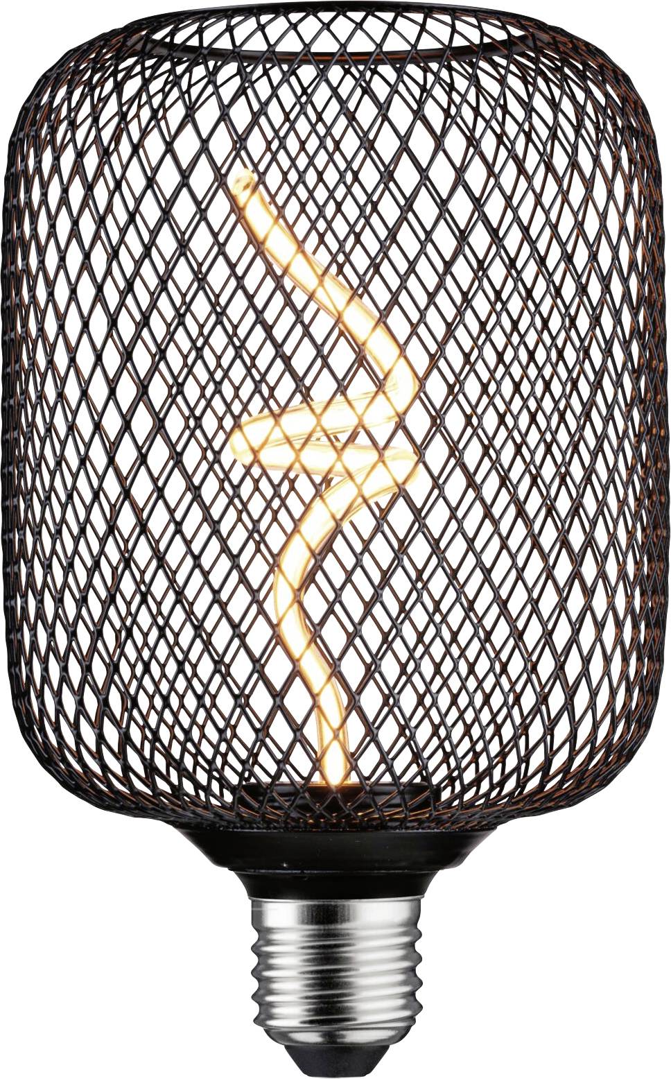 En glødepære med et dekorativt metaltrådshus og synlig glødetråd, der udsender et varmt lys.