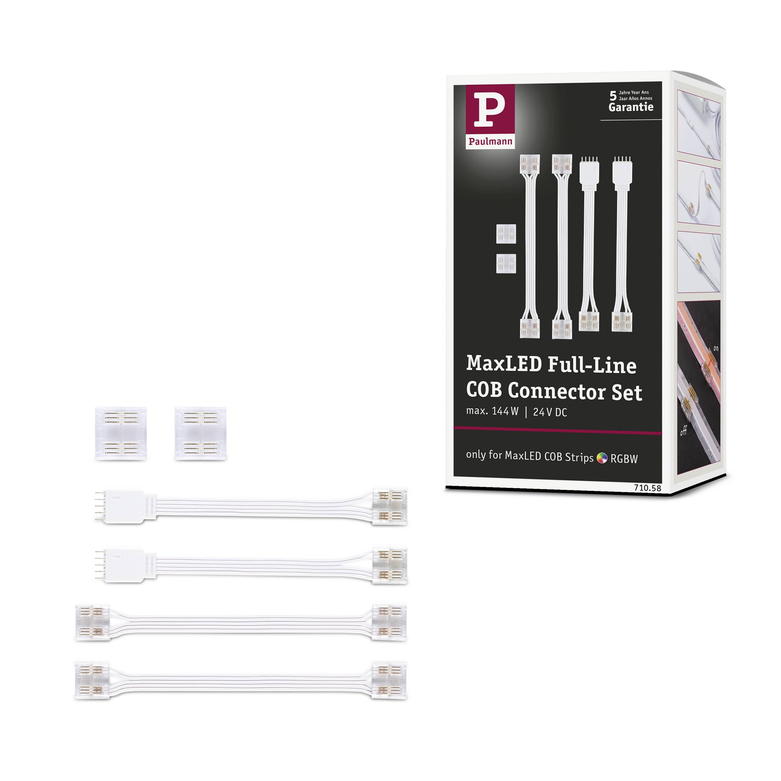MaxLED Full-Line COB Connector Set, 5 stk. pr. pakke, egnet til MaxLED COB Strips; pakken viser tilslutninger og 5 års garanti.