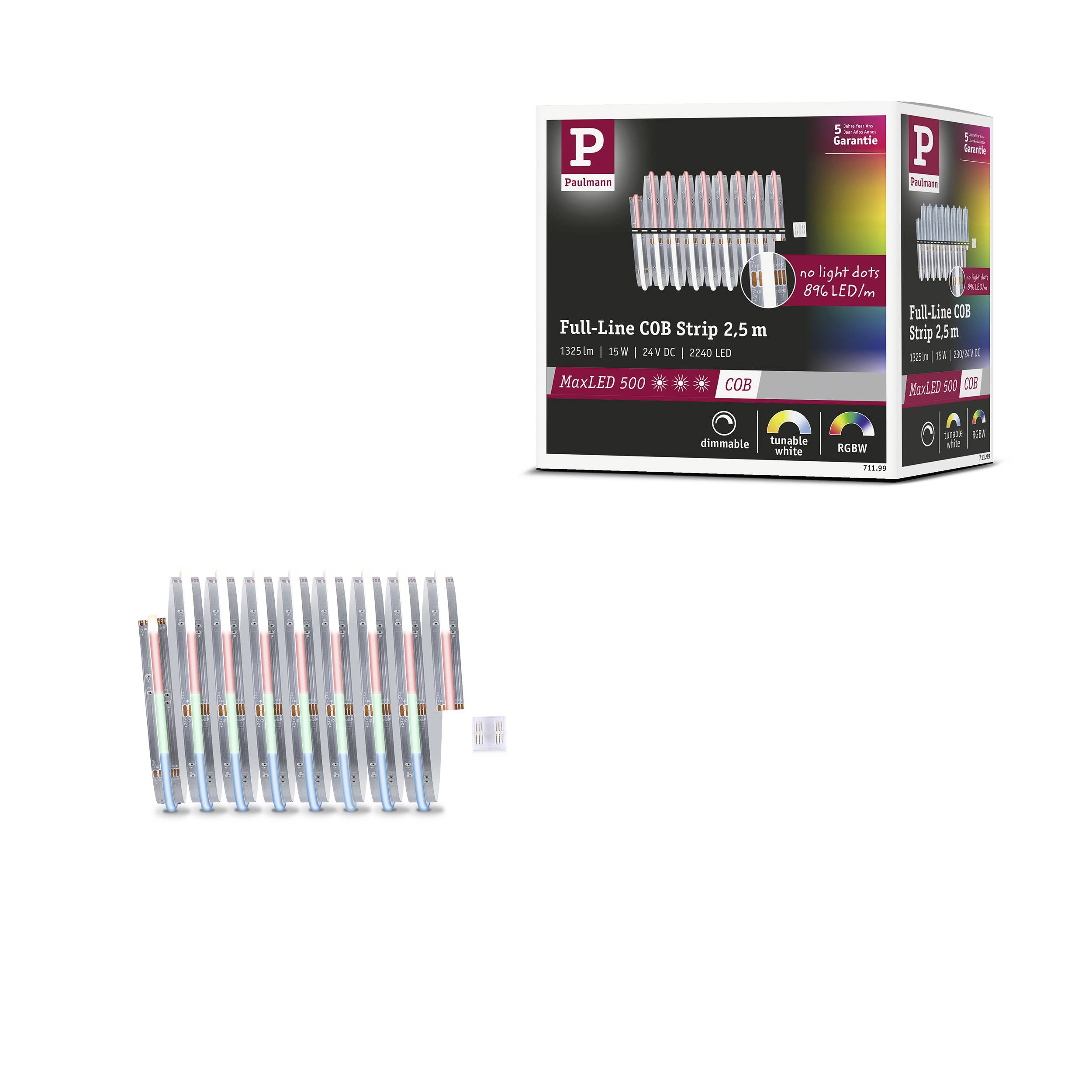 LED-lysstribe-sæt med emballage, 2,5 meter, 3500 lumen, dæmpbar, RGBW-funktion, mærke Pallmann.