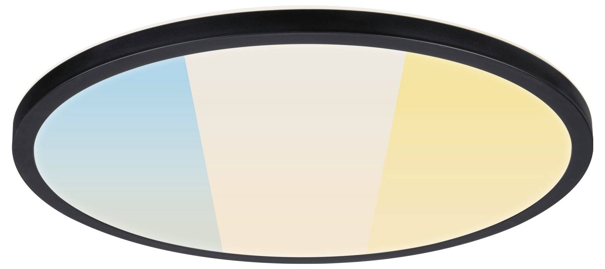 Rund loftslampe med farvegradient i blå og gul, sort kant; moderne belysning til indendørs rum.