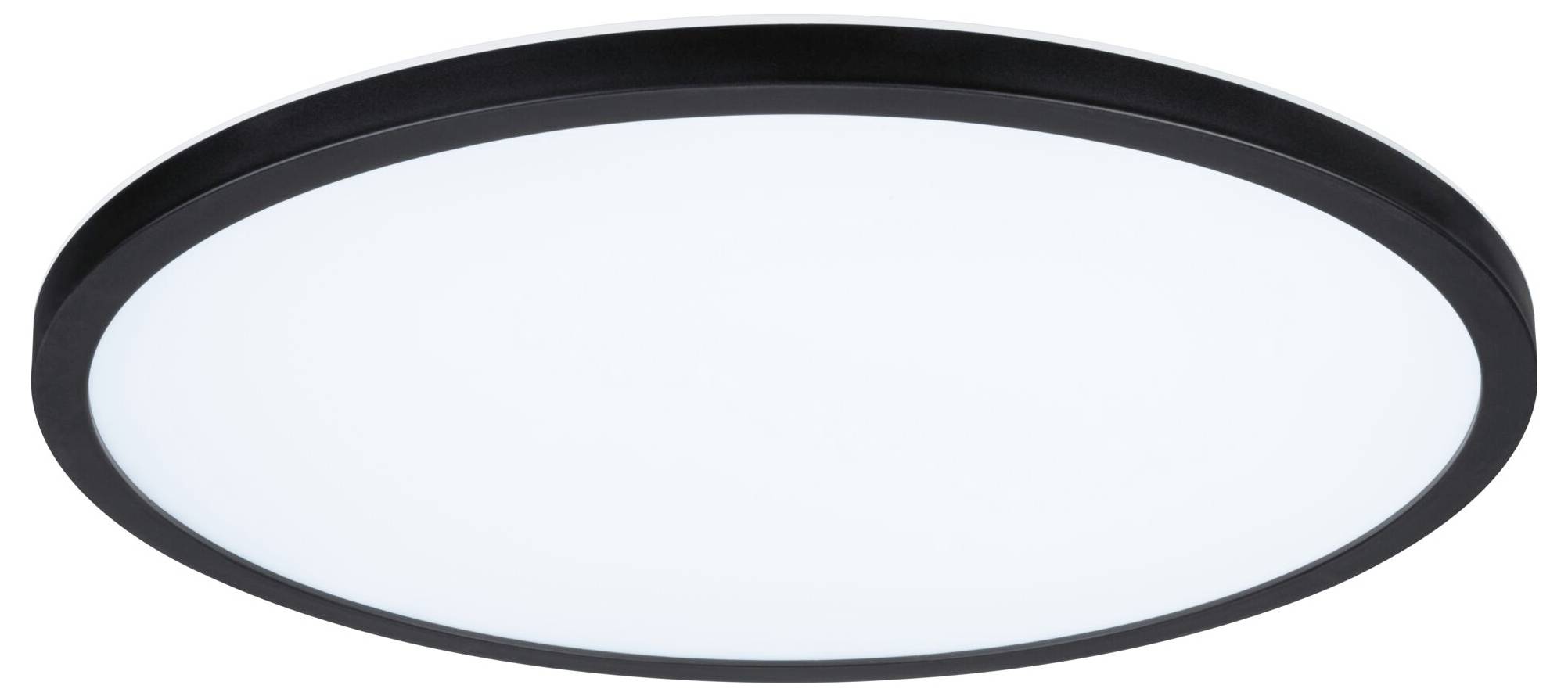 Rund, flad LED-loftslampe med sort ramme, udsender hvidt lys. Velegnet til moderne stuer eller kontorer.