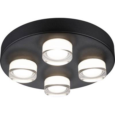 Fire runde LED-lamper på en sort loftslampe lyser klart.