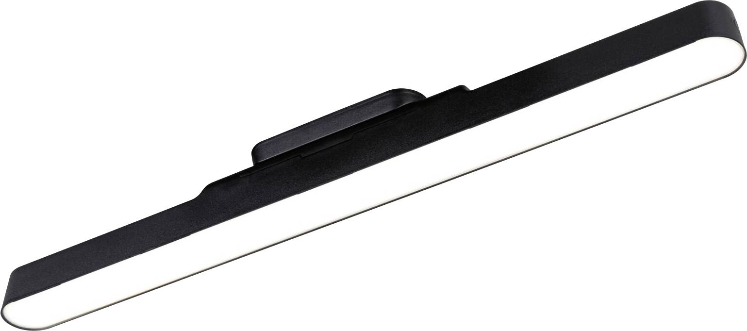 Aflang LED-lampe med sort kabinet, moderne design. Ideel til vægmontering indendørs. Giver ensartet belysning.
