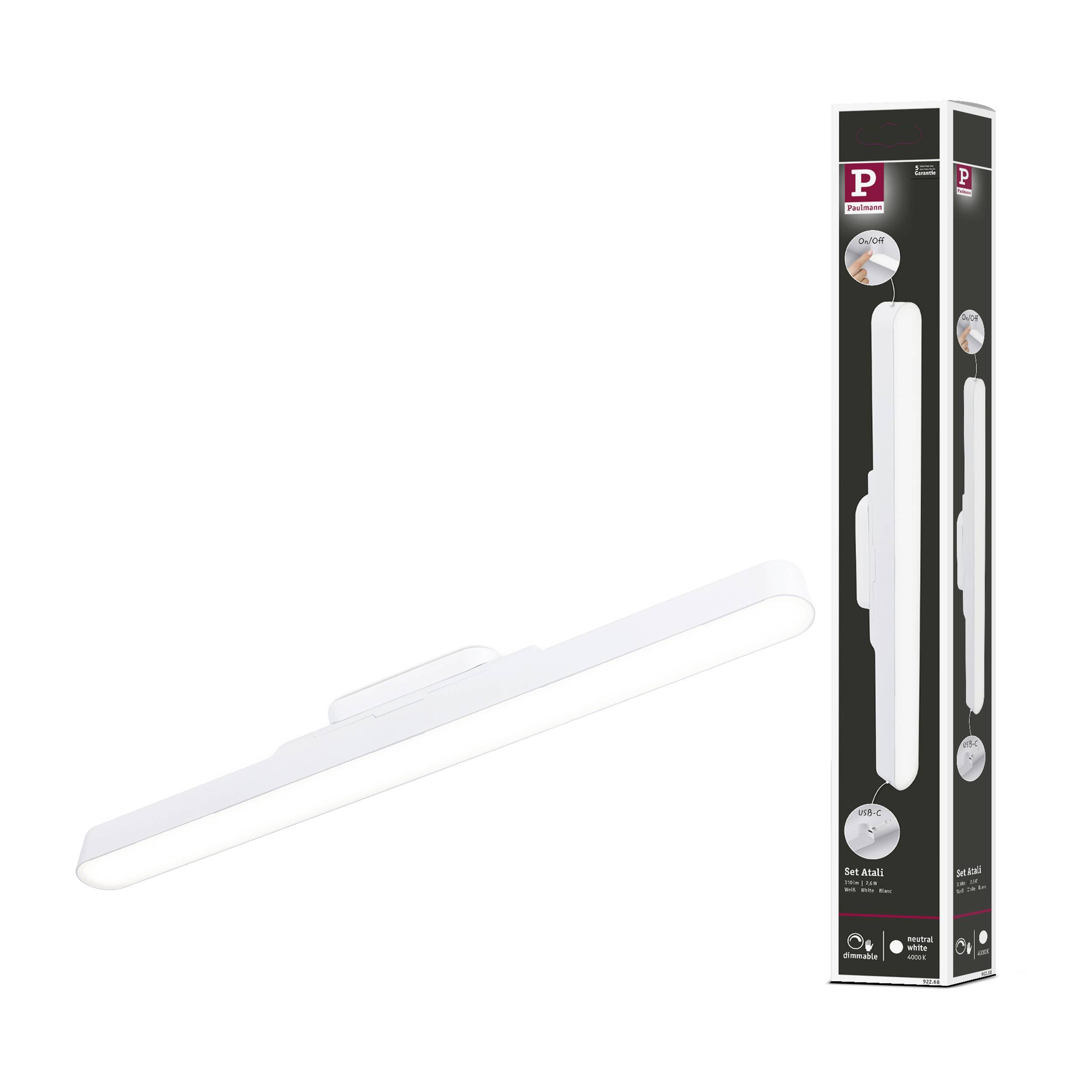LED-lampe i hvid, ved siden af sin emballage. Lampen har et slankt, moderne design, perfekt til badeværelse eller spejlbelysning.