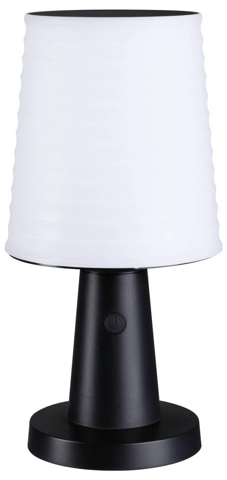 En sort lampe med hvid lampeskærm, moderne og enkelt designet. Står på en cylinderformet base.