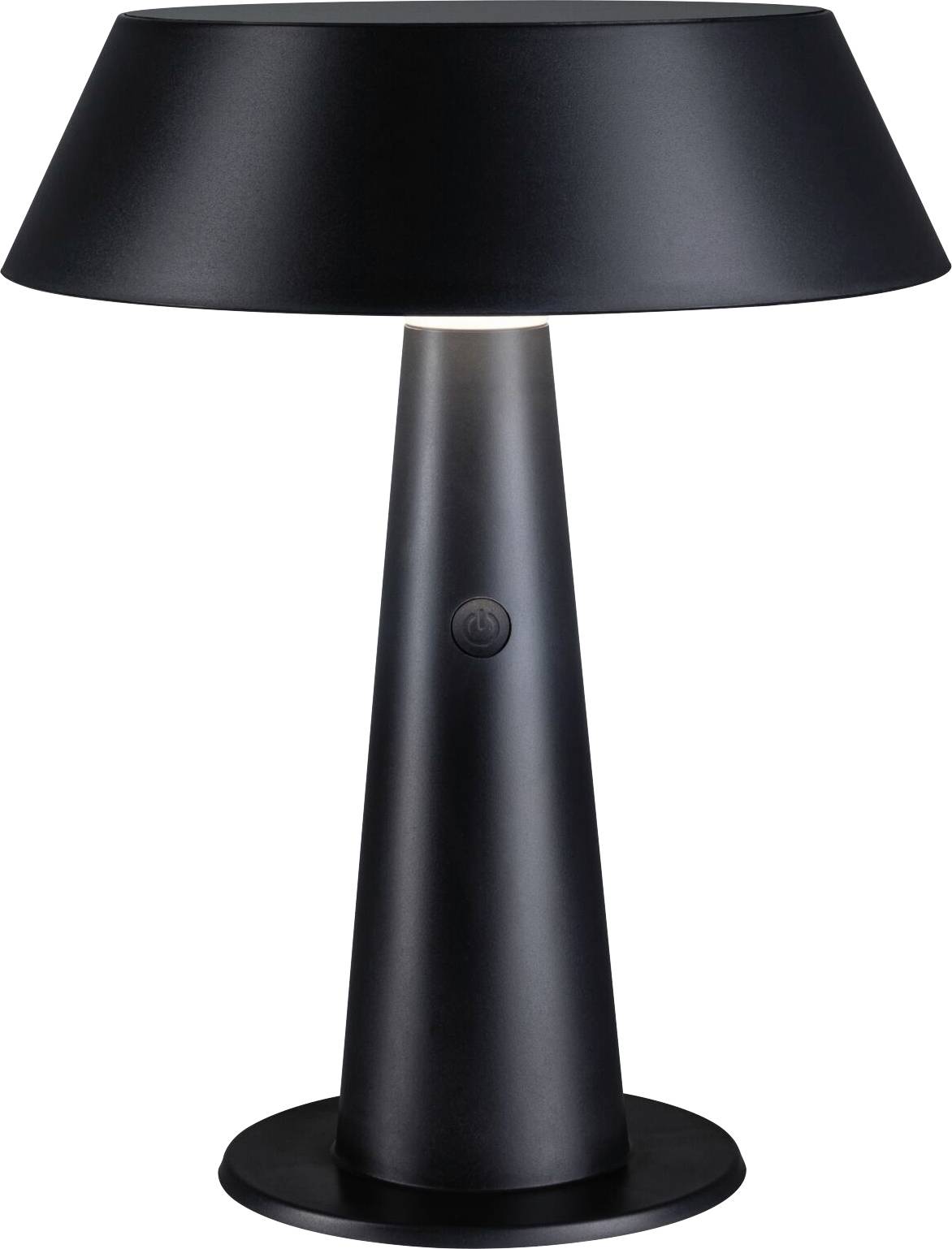 Sort bordlampe med konisk fod, bred skærm og central kontakt. Moderne design, velegnet til stue eller kontor.