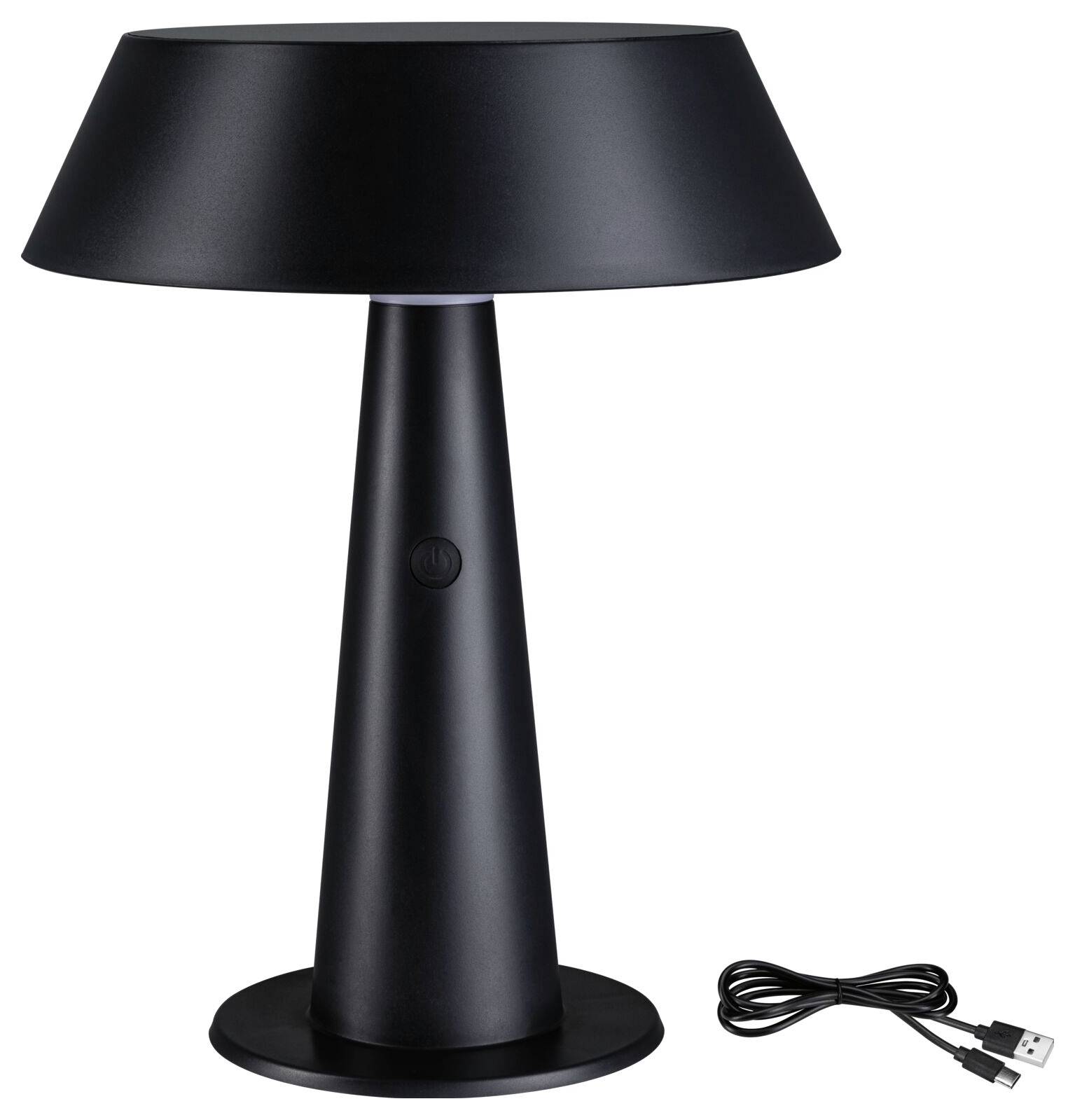 Sort, konisk bordlampe med bred skærm og USB-kabel.