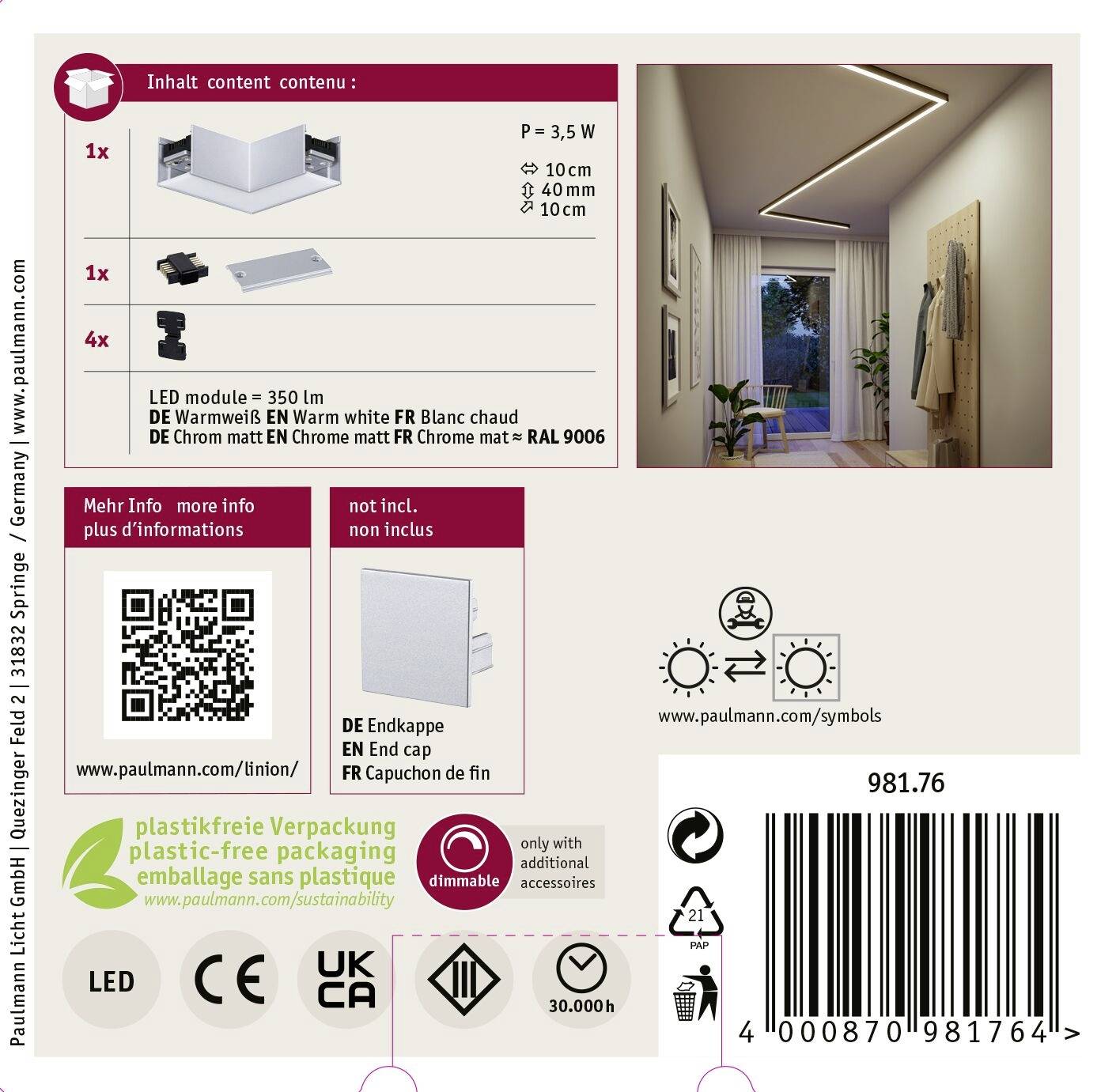 Produktemballage til LED-armatur med tekstlige oplysninger: LED-modul 350 lm, varm hvid farve, længde 40 cm. Indeholder symboler for miljøvenlig emballage.