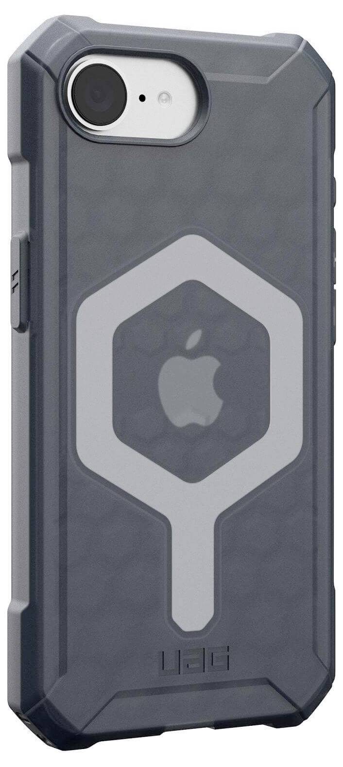 Grå-sort, robust mobiletui med lyst, sekskant-design og et Apple-logo i midten.