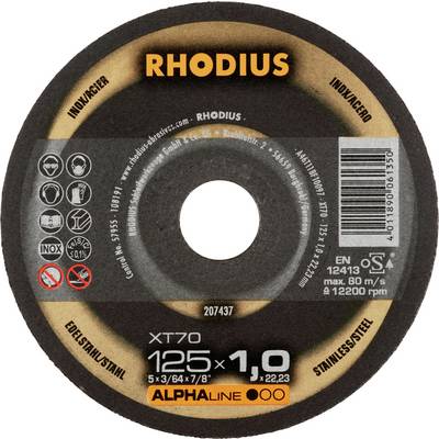 Slibeskive 'RHODIUS' til rustfrit stål, diameter 125 mm, tykkelse 1,0 mm, EN 12413 certificeret, maks. 80 m/s ved 12200 o/min.