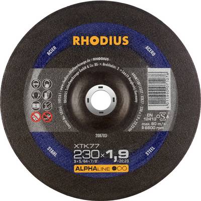 En slibeskive fra mærket Rhodius, model XTK77, med 230 mm diameter og 1,9 mm tykkelse. Egnet til stålbearbejdning.
