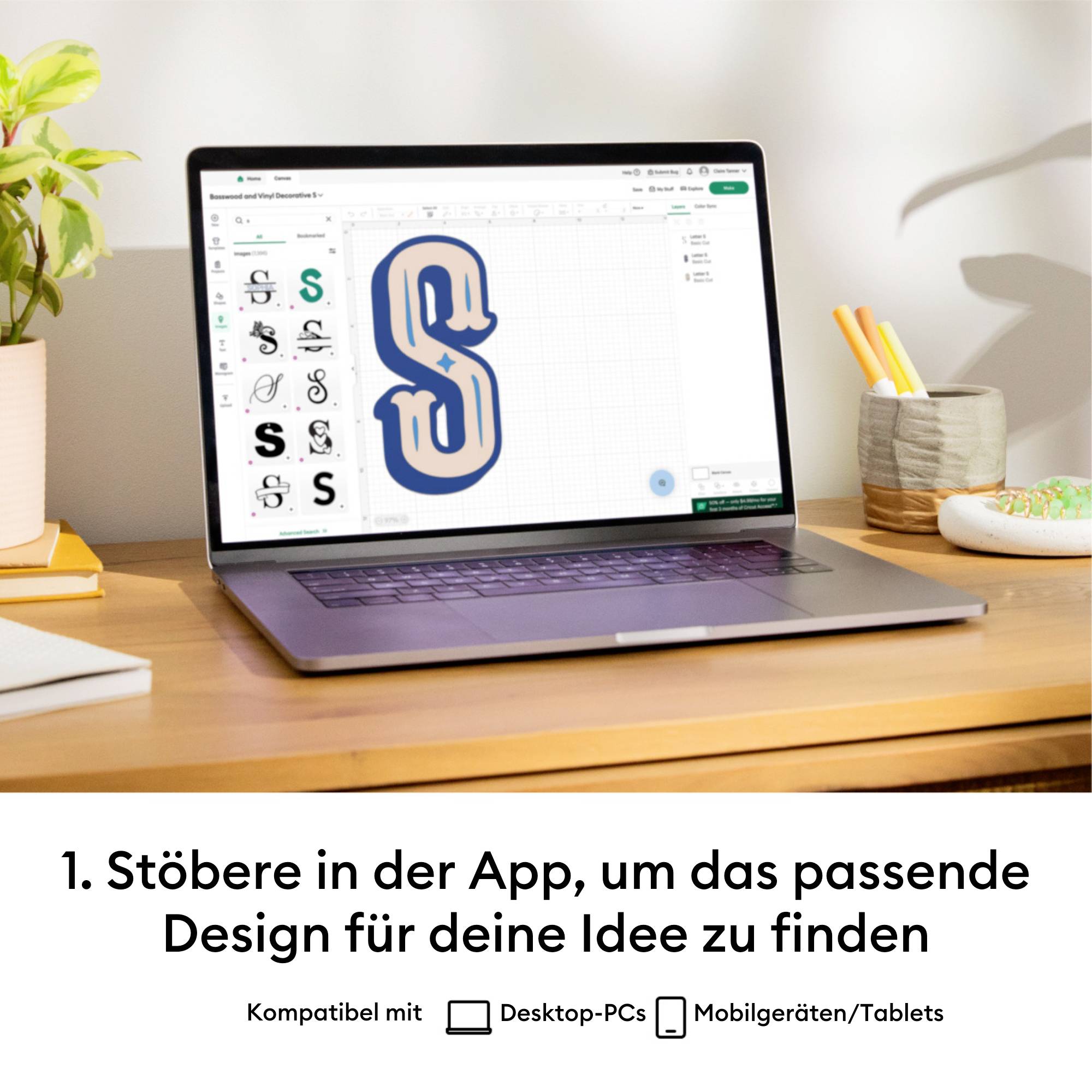 Bærbare computeren på bordet viser en design-app med et 'S'-logo. Nedenunder tekst: 'Gennemse appen for at finde det rette design til din idé'.