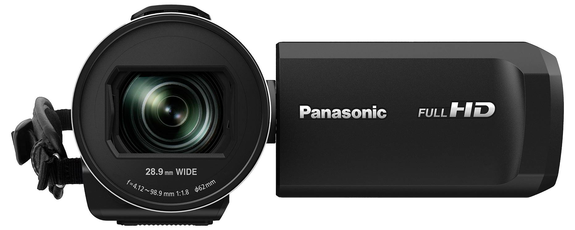 Et sort videokamera med påskriften 'Panasonic FULL HD'. Linsen vender fremad, og klapperne er åbne.