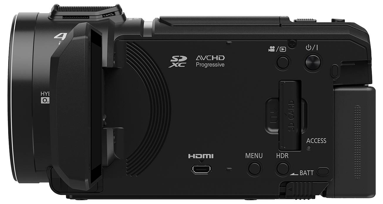 Sidevisning af en sort videokamera med SDXC-, AVCHD- og HDMI-stik, fotolys og betjeningsknapper til optagelse og menu.