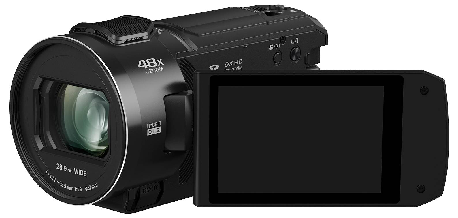 Sort videokamera med udfoldet LCD-skærm. På siden står der '48x Zoom'.
