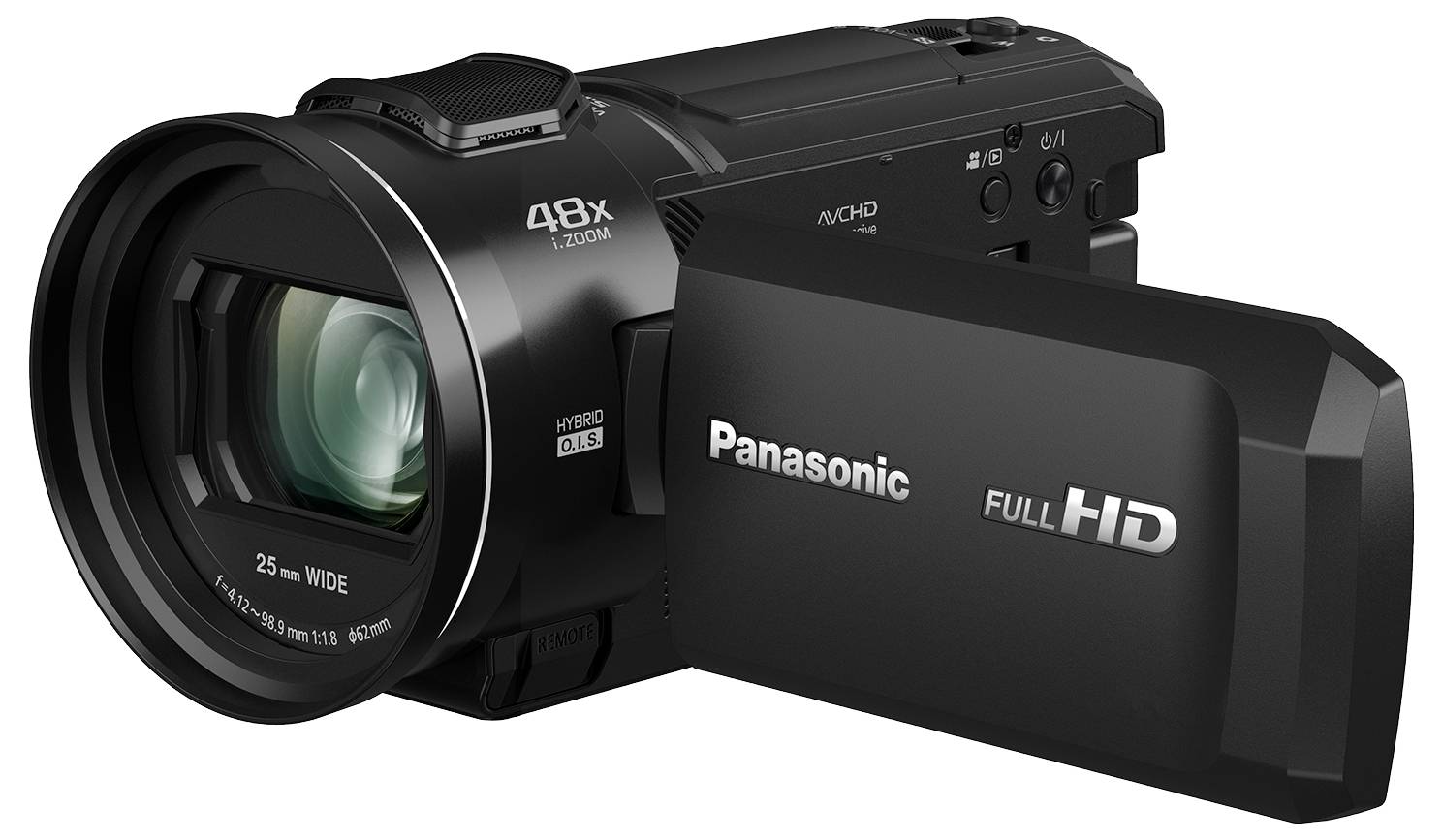 Et sort Panasonic-videokamera med 'Full HD' og '48x Zoom'-mærkning, stort objektiv synligt, sidedisplay åbent.